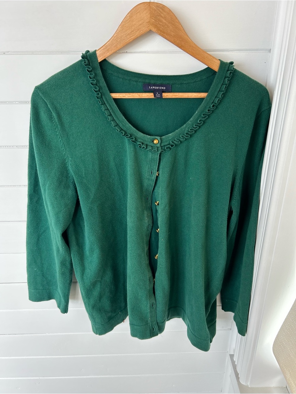 Lands’ End Forest Green Ruffle Trim Cardigan Sweater Women’s L 14–16